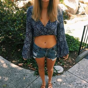 Blue Crop Top with Bell Sleeves